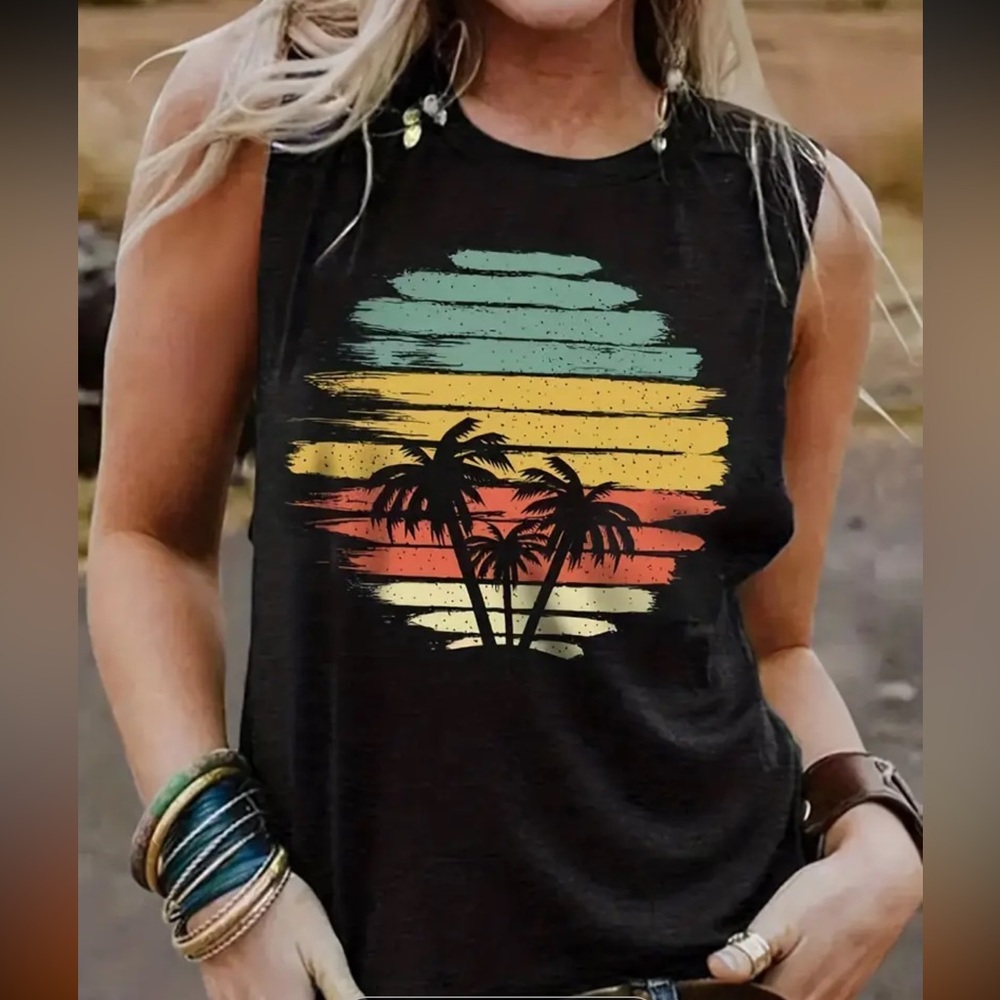 Black Sleeveless Top with Tropical Print